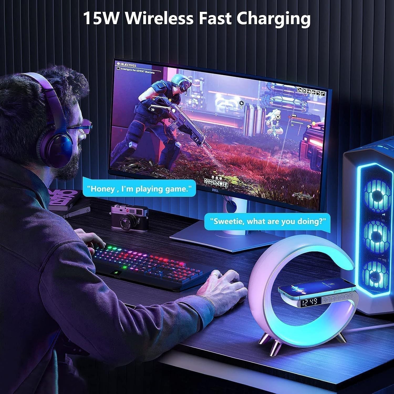 G63 RGB Light Bluetooth Speaker – 4-in-1 Desk Lamp with 10W Wireless Charging, Alarm Clock & Night Light